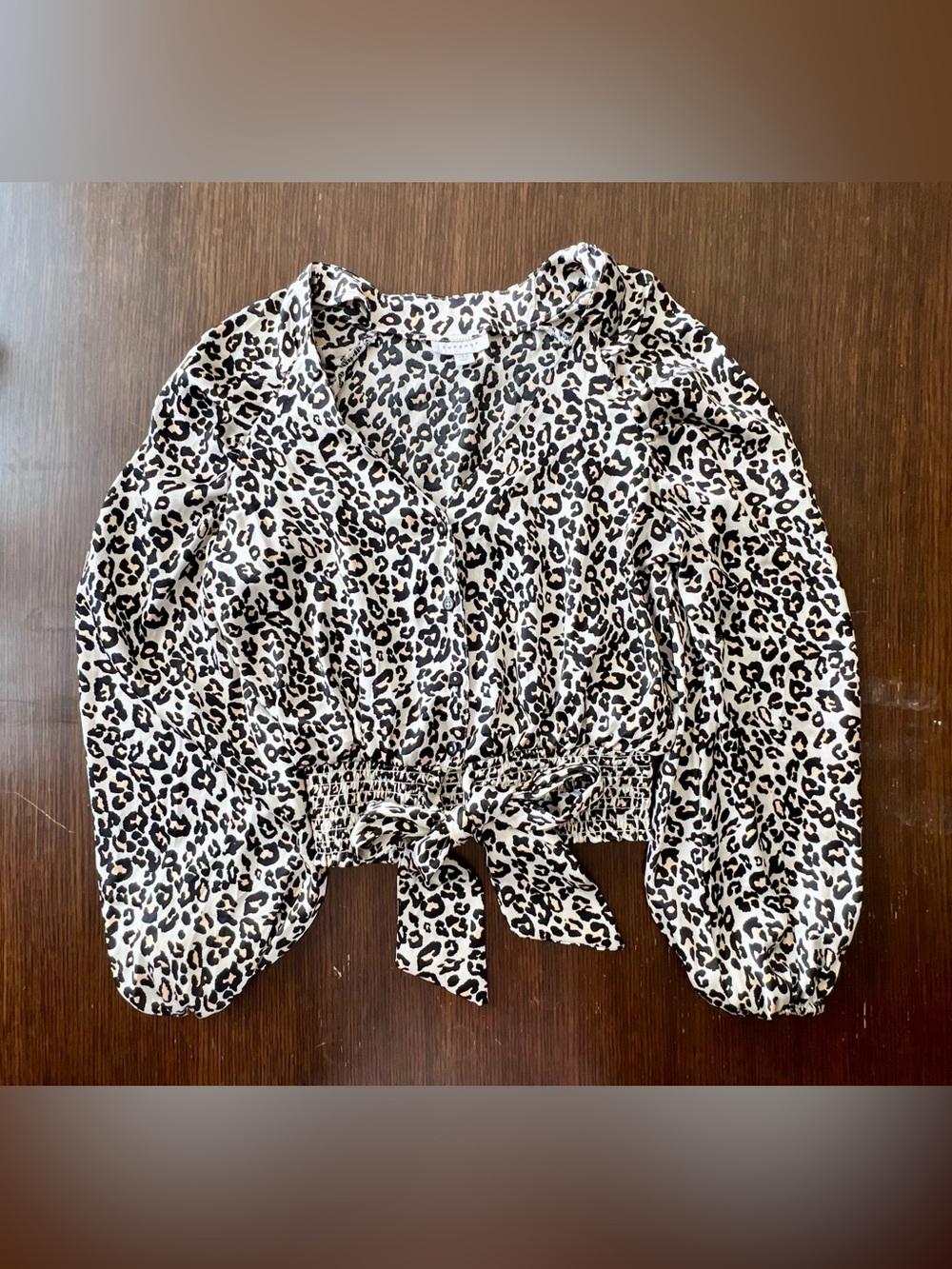 Topshop US6 Animal Print Tie Front Shirred Crop Blouse Balloon Sleeve